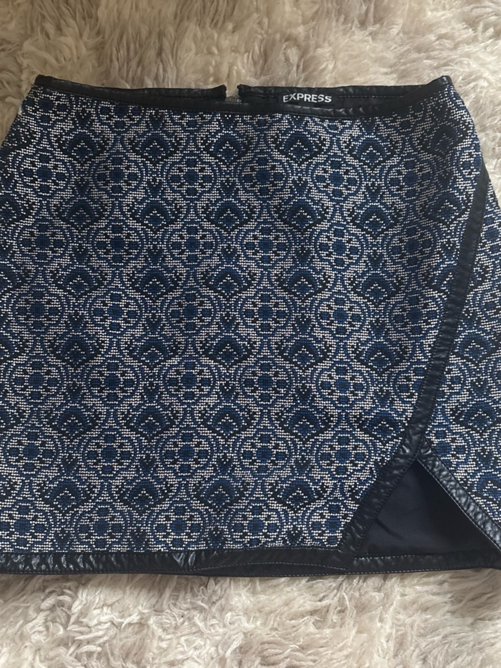 Express Navy and White Patterned Mini Skirt with Faux Leather Trim - Express
